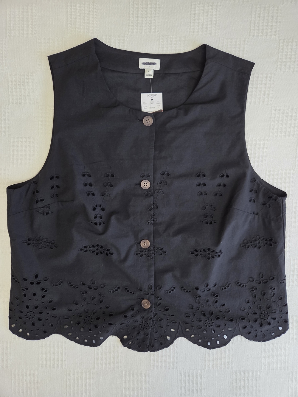 NWT J. Crew Black Eyelet Shell Scalloped Button-Front Sleeveless Top Large